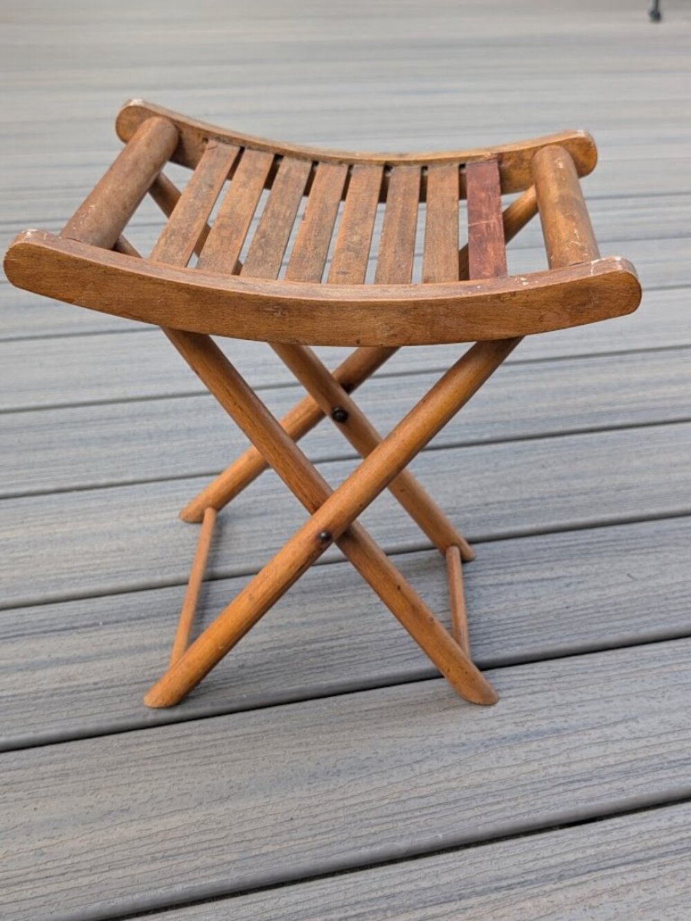 Mid Century Modern Slat Wood Folding Camp Stool Or Plant Stand